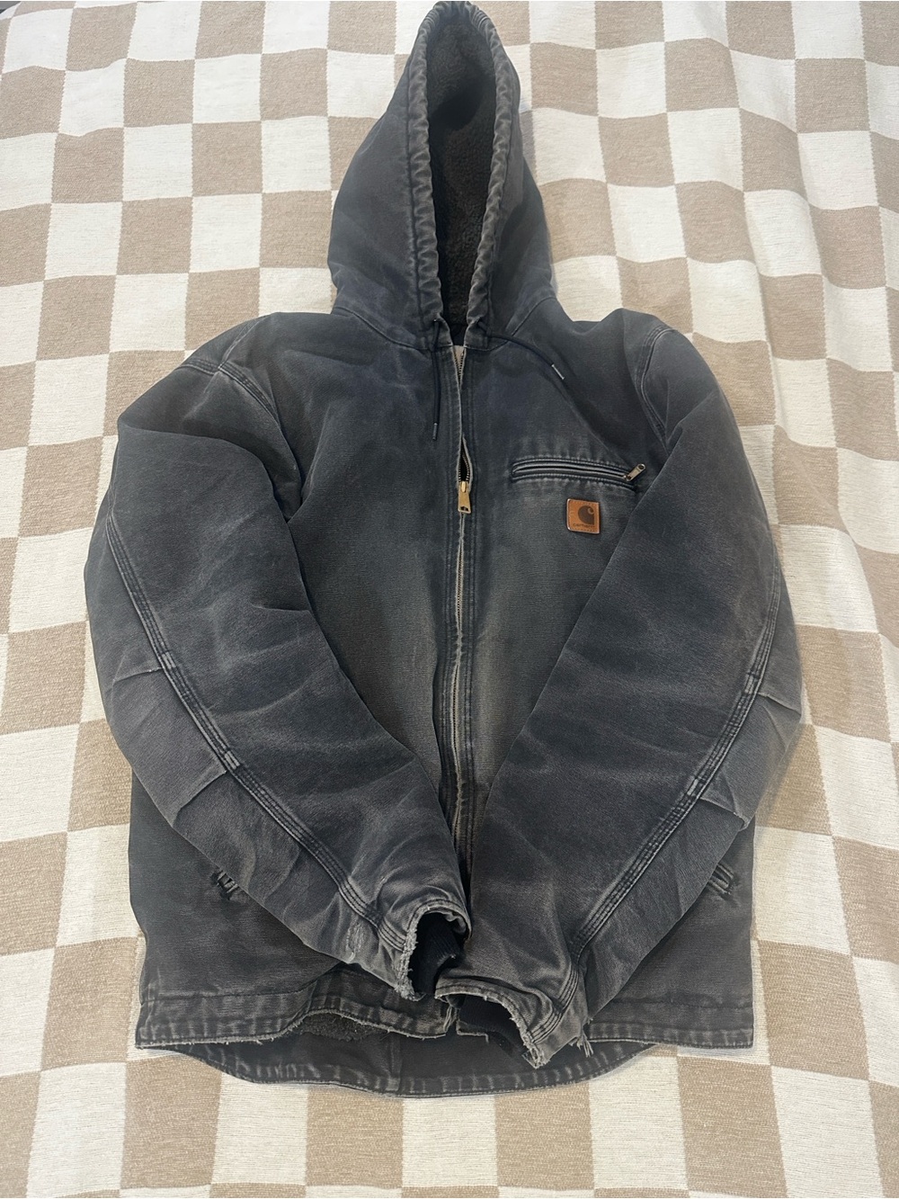 J141 BLK Carhartt Hooded Work Jacket in Washed Black